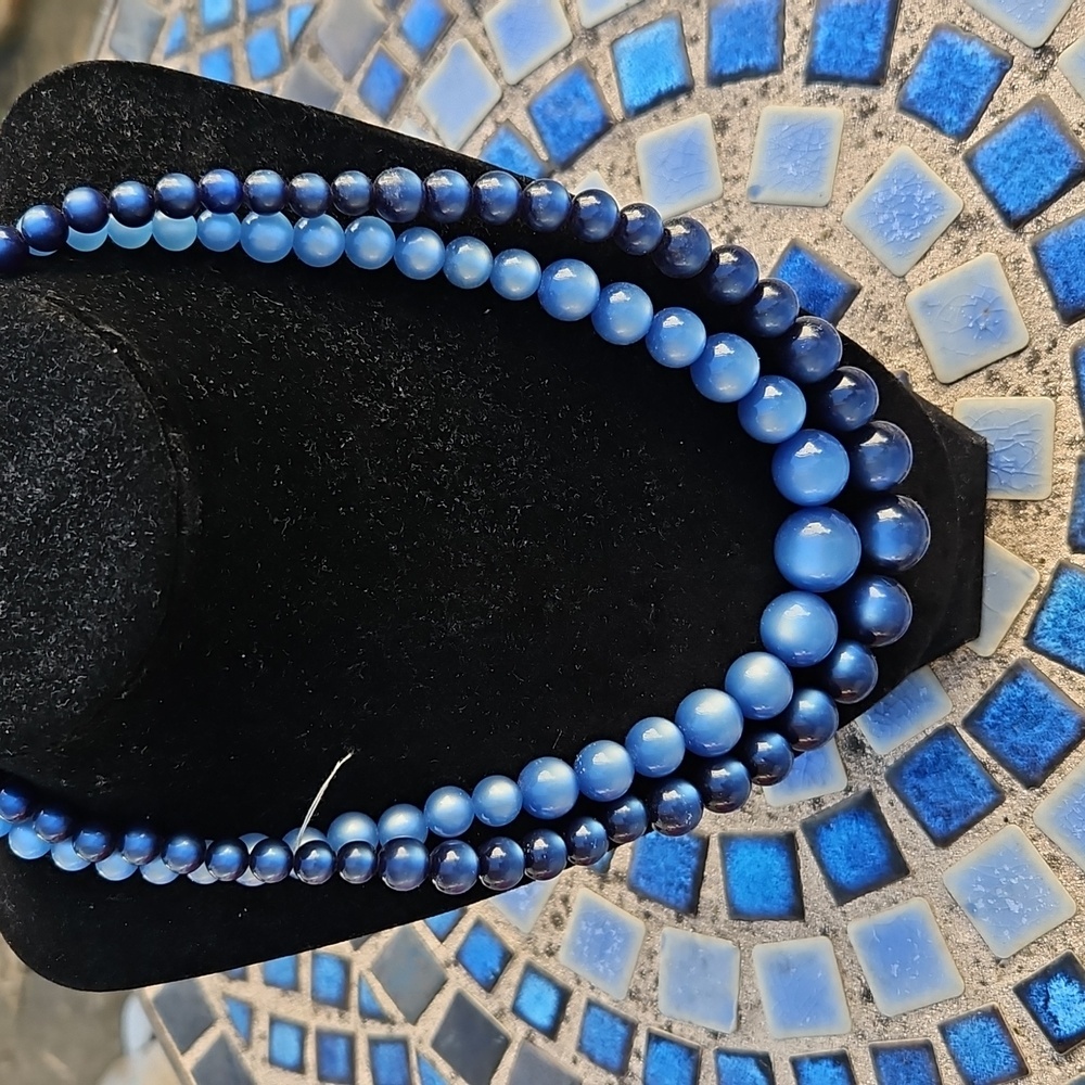Vintage Light Blue Dark Blue Lucite Double Stranded Moon Glow Necklace